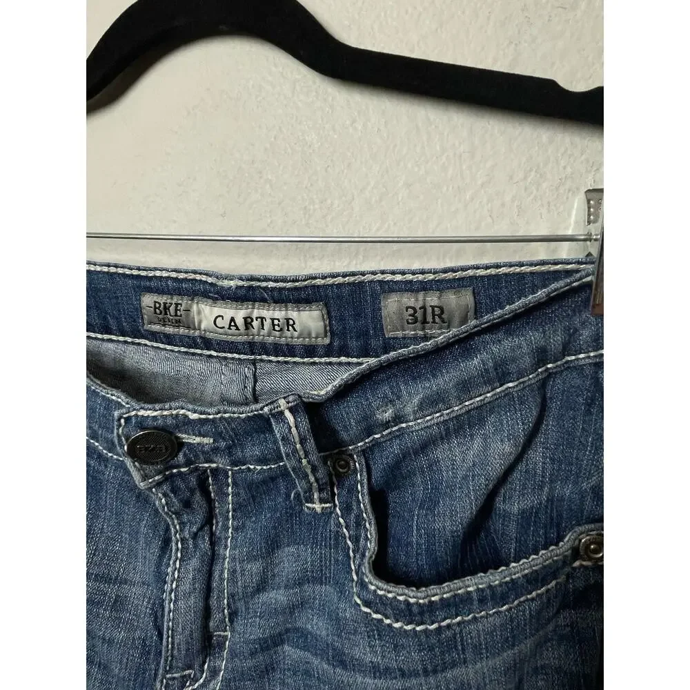 BKE Buckle Carter Men Jeans Straight 31R Distressed Denim Thick Stitch Stretch